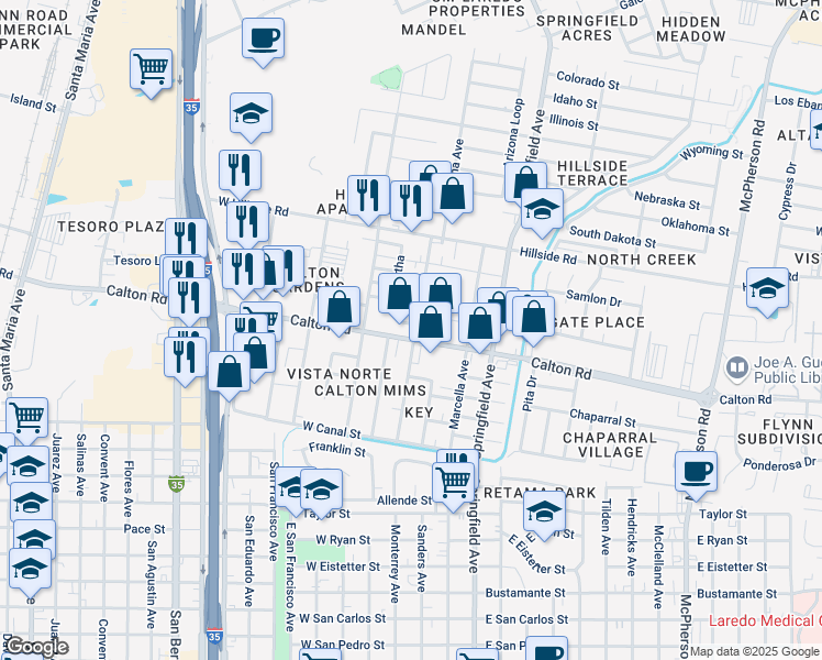 map of restaurants, bars, coffee shops, grocery stores, and more near 102 Calton Road in Laredo