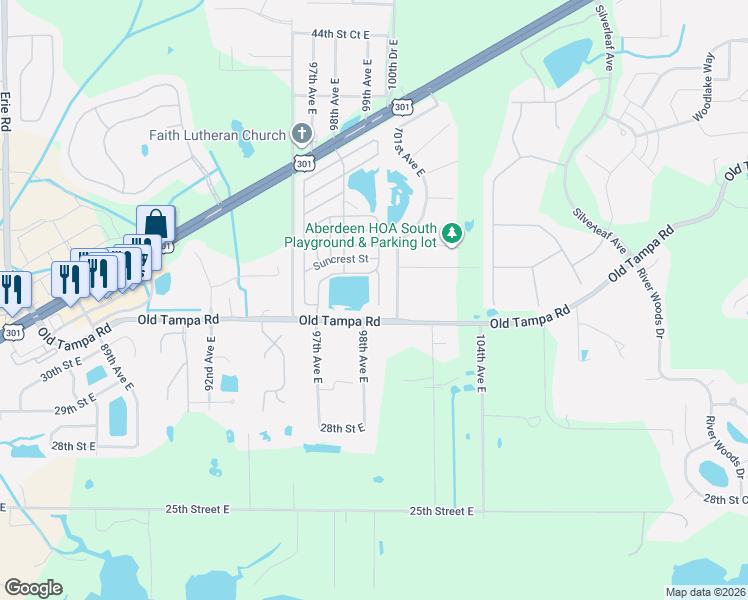 map of restaurants, bars, coffee shops, grocery stores, and more near 3411 101st Avenue East in Parrish