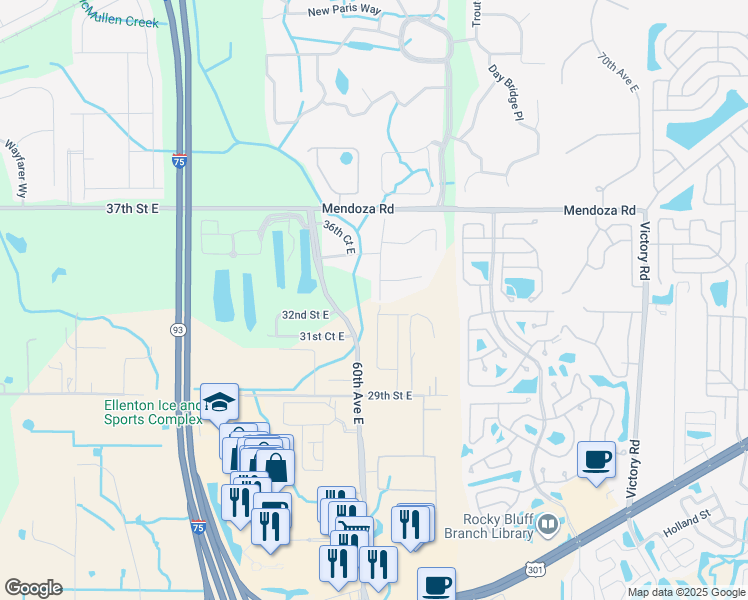 map of restaurants, bars, coffee shops, grocery stores, and more near 3303 61st Terrace East in Ellenton