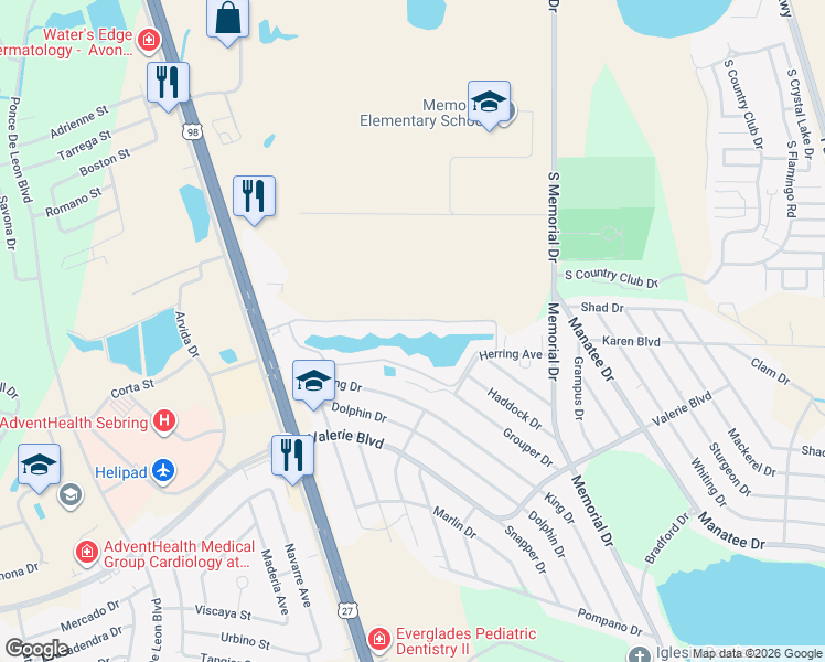 map of restaurants, bars, coffee shops, grocery stores, and more near 3327 Grouper Drive in Sebring