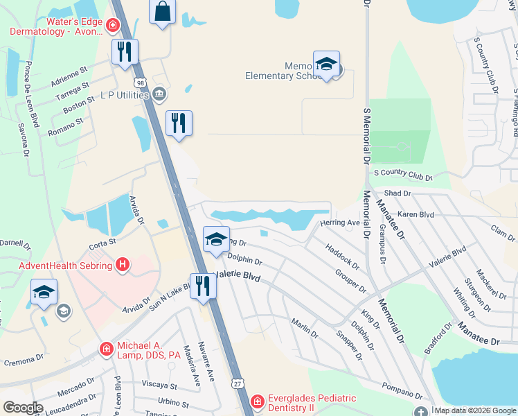 map of restaurants, bars, coffee shops, grocery stores, and more near 3514 King Drive in Sebring