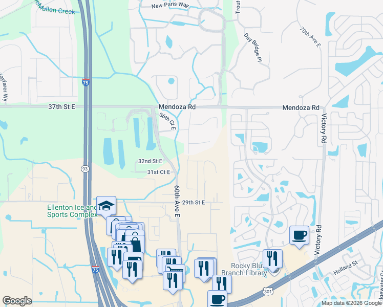 map of restaurants, bars, coffee shops, grocery stores, and more near 3304 61st Terrace East in Ellenton