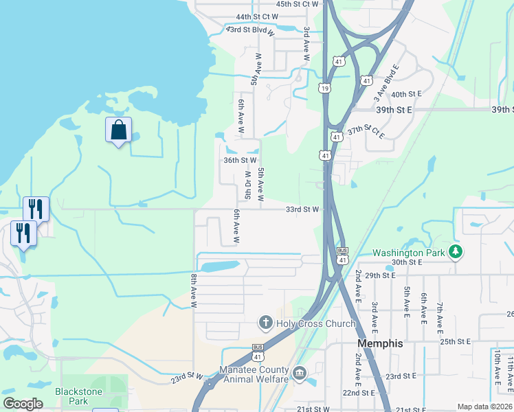 map of restaurants, bars, coffee shops, grocery stores, and more near 3305 5th Avenue West in Palmetto