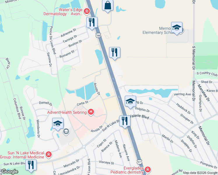 map of restaurants, bars, coffee shops, grocery stores, and more near 4850 Biltmore Drive in Sebring