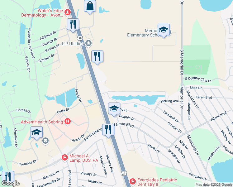 map of restaurants, bars, coffee shops, grocery stores, and more near 3716 King Drive in Sebring