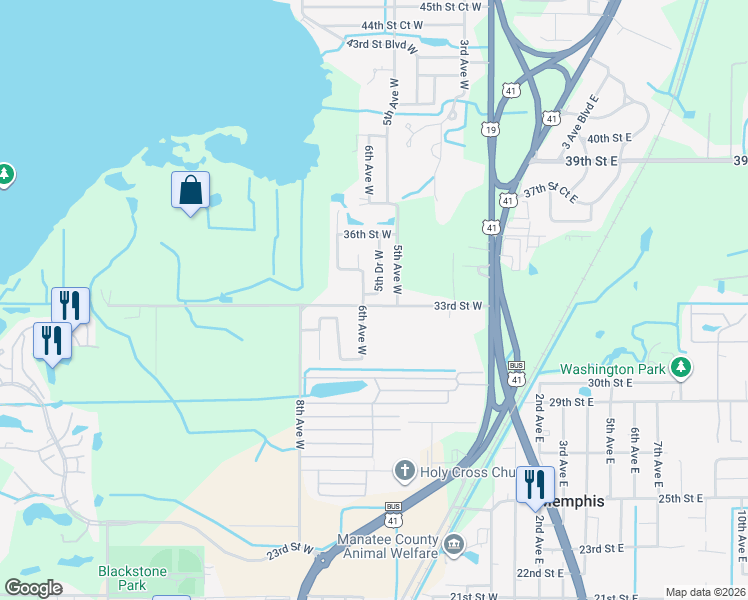 map of restaurants, bars, coffee shops, grocery stores, and more near 3305 5th Avenue West in Palmetto