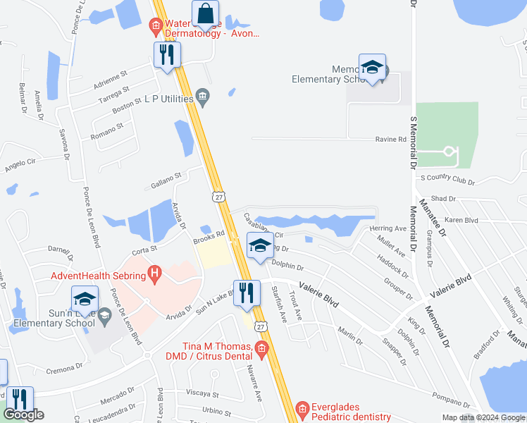 map of restaurants, bars, coffee shops, grocery stores, and more near 3716 King Drive in Sebring