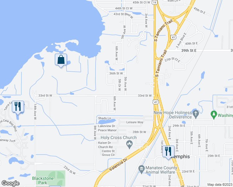 map of restaurants, bars, coffee shops, grocery stores, and more near 3304 5th Drive West in Palmetto