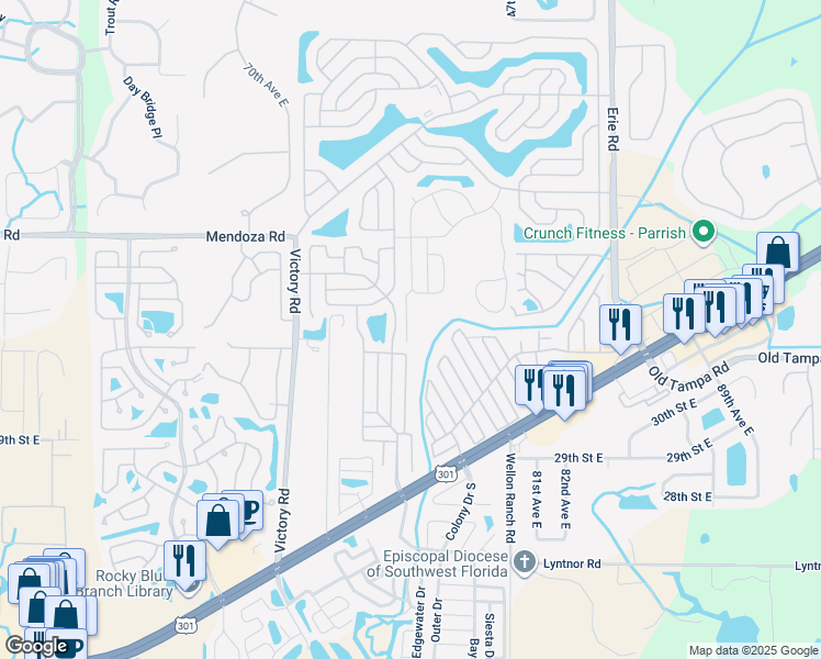 map of restaurants, bars, coffee shops, grocery stores, and more near 36 Granada Way in Ellenton