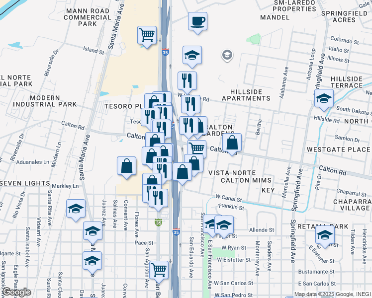 map of restaurants, bars, coffee shops, grocery stores, and more near 4788-4840 San Dario Avenue in Laredo