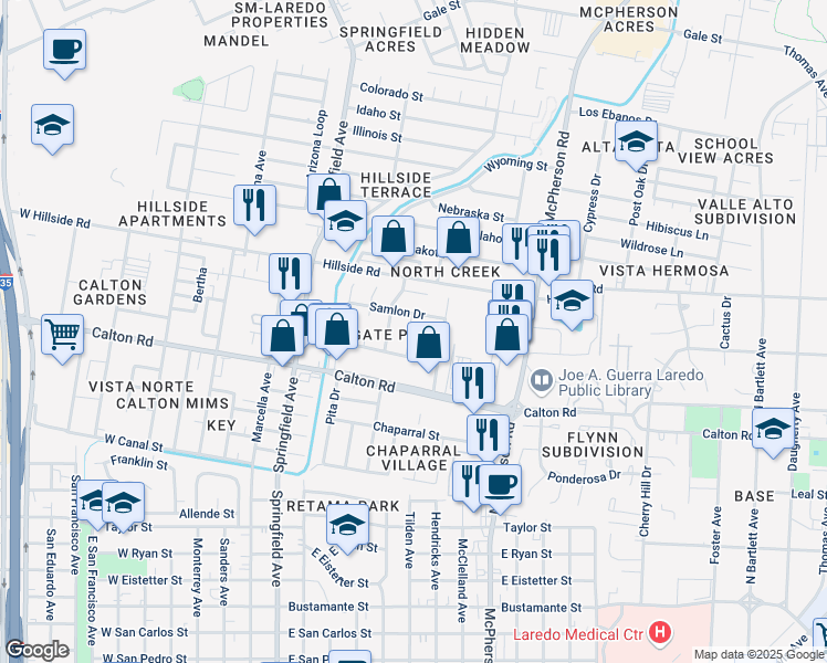 map of restaurants, bars, coffee shops, grocery stores, and more near 812 Westgate Circle in Laredo