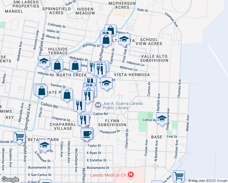 map of restaurants, bars, coffee shops, grocery stores, and more near 1315 East Hillside Road in Laredo