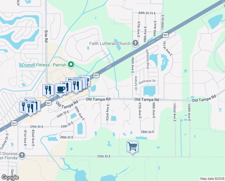 map of restaurants, bars, coffee shops, grocery stores, and more near 9412 Old Tampa Road in Parrish