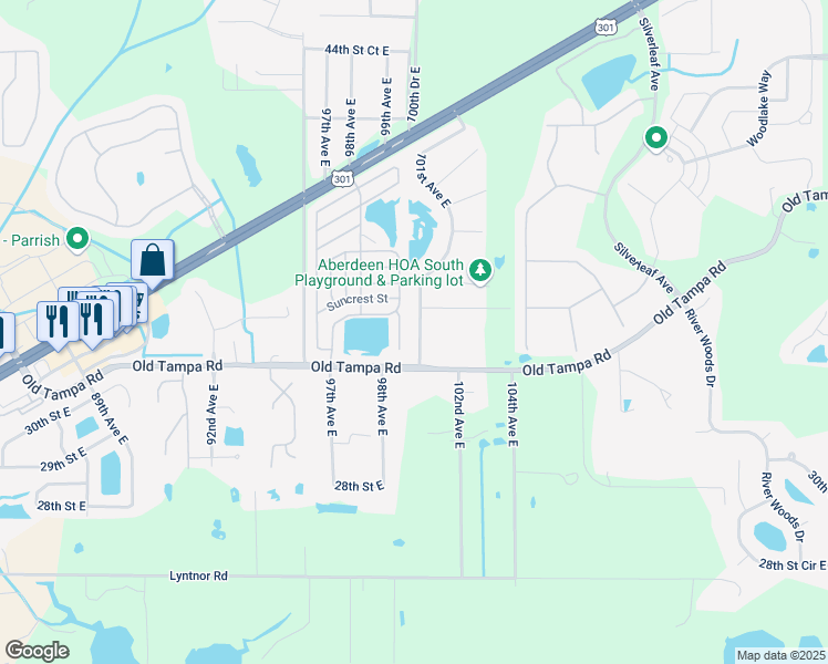map of restaurants, bars, coffee shops, grocery stores, and more near 3427 101st Avenue East in Parrish