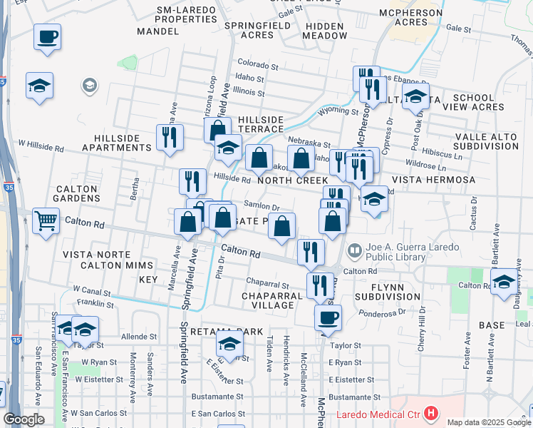 map of restaurants, bars, coffee shops, grocery stores, and more near 803 Samlon Circle in Laredo