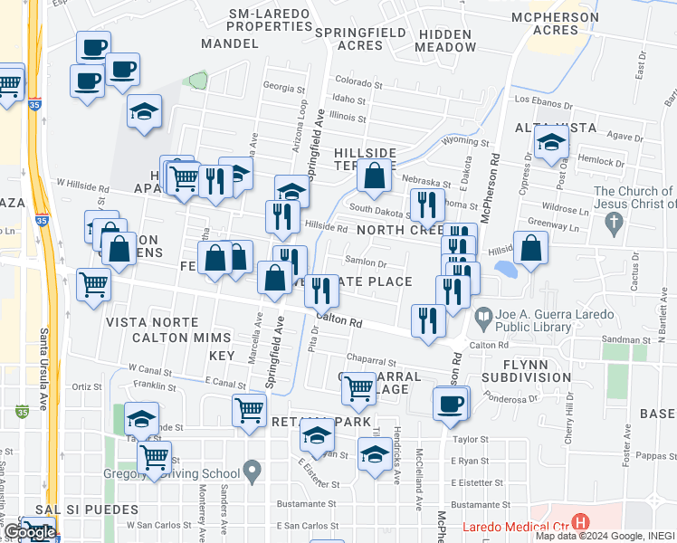 map of restaurants, bars, coffee shops, grocery stores, and more near 4811 Samlon Court in Laredo