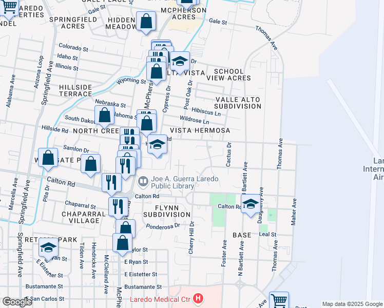 map of restaurants, bars, coffee shops, grocery stores, and more near 701 W Banyan Ct in Laredo