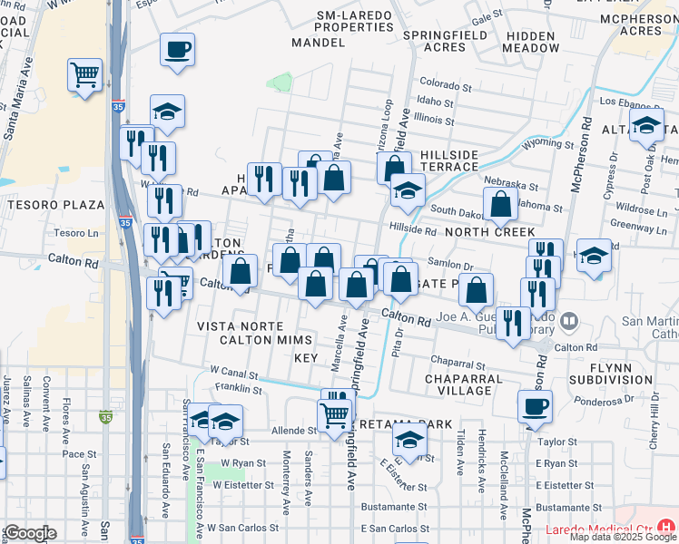 map of restaurants, bars, coffee shops, grocery stores, and more near 5310 Marcella Avenue in Laredo