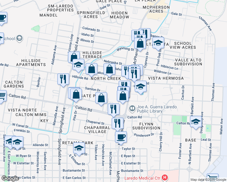 map of restaurants, bars, coffee shops, grocery stores, and more near 1000 East Hillside Road in Laredo