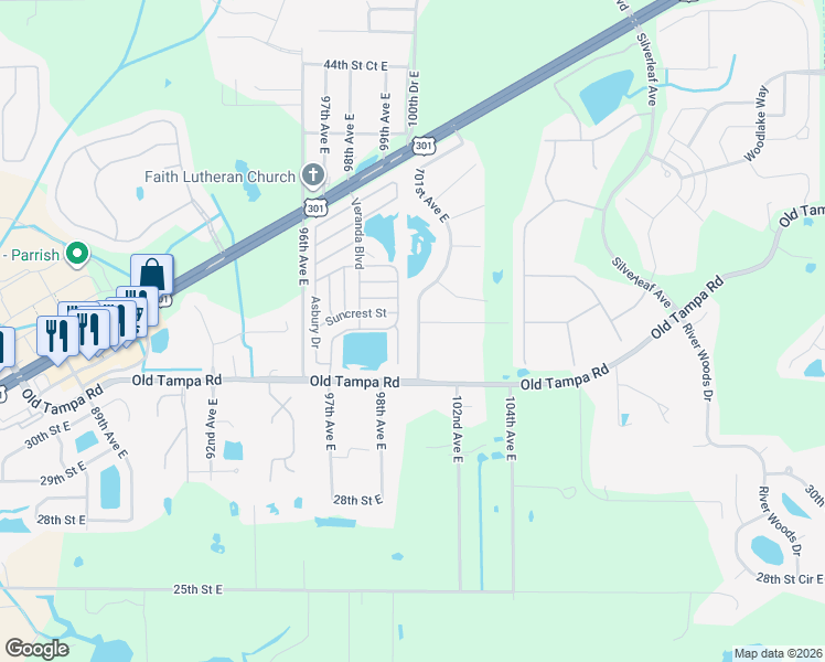 map of restaurants, bars, coffee shops, grocery stores, and more near 10090 Old Tampa Road in Parrish
