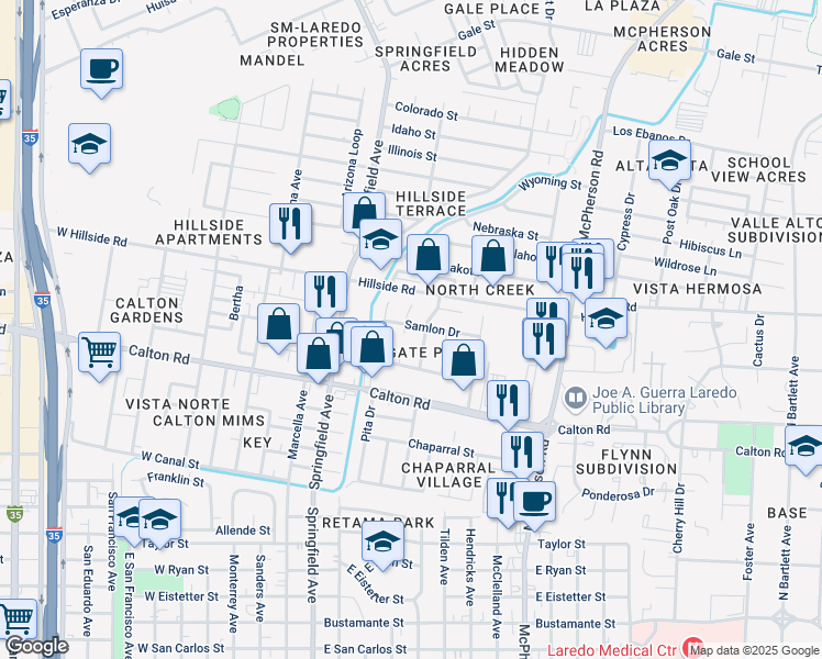 map of restaurants, bars, coffee shops, grocery stores, and more near 4811 Samlon Court in Laredo