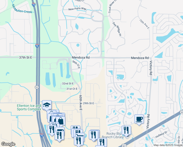 map of restaurants, bars, coffee shops, grocery stores, and more near 6202 34th Court East in Ellenton