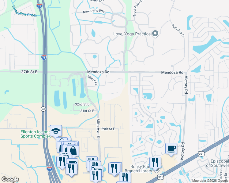 map of restaurants, bars, coffee shops, grocery stores, and more near 6210 34th Court East in Ellenton