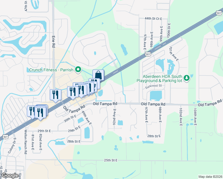 map of restaurants, bars, coffee shops, grocery stores, and more near 3423 92nd Avenue East in Parrish