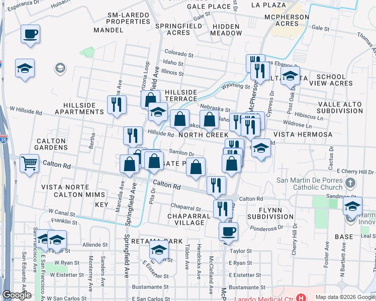 map of restaurants, bars, coffee shops, grocery stores, and more near 806 Samlon Drive in Laredo