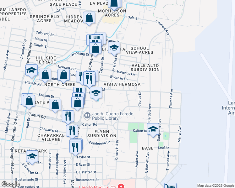 map of restaurants, bars, coffee shops, grocery stores, and more near 701 Banyan Court in Laredo