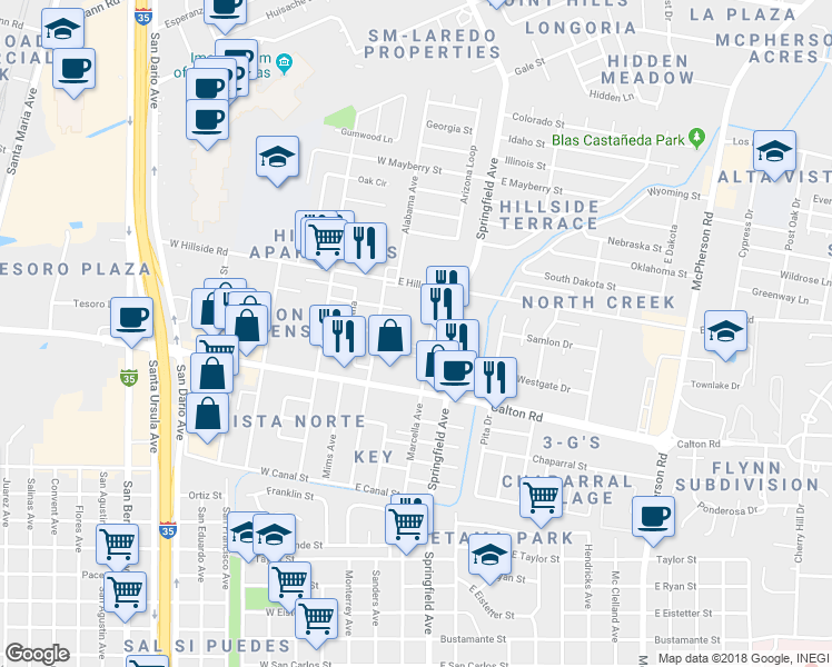 map of restaurants, bars, coffee shops, grocery stores, and more near 5310 Marcella Avenue in Laredo