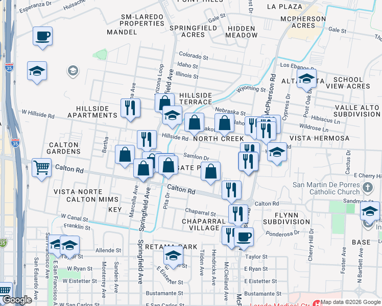 map of restaurants, bars, coffee shops, grocery stores, and more near 4811 Samlon Court in Laredo