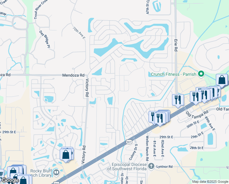 map of restaurants, bars, coffee shops, grocery stores, and more near 417 Sunset Circle North in Ellenton