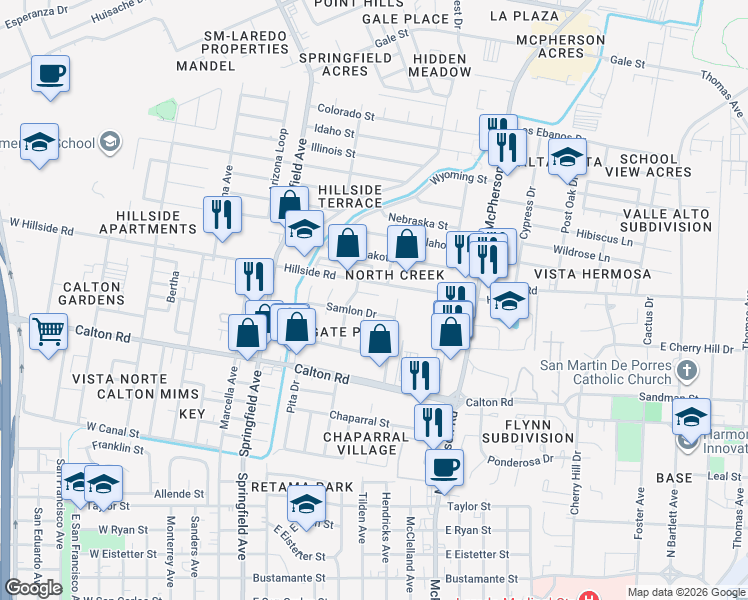 map of restaurants, bars, coffee shops, grocery stores, and more near 806 Samlon Drive in Laredo