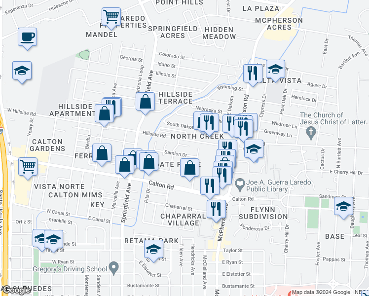 map of restaurants, bars, coffee shops, grocery stores, and more near 805 Paloma Court in Laredo