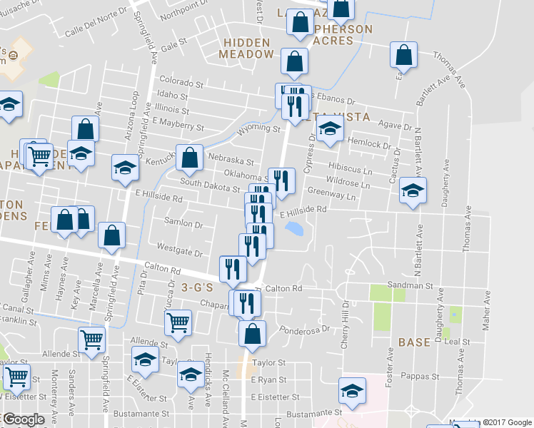 map of restaurants, bars, coffee shops, grocery stores, and more near 1110 East Hillside Road in Laredo