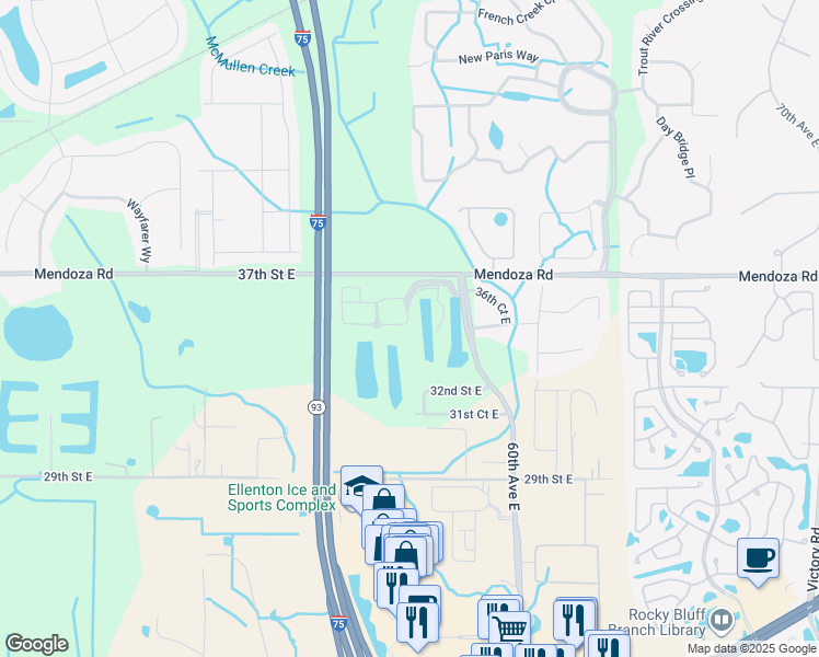 map of restaurants, bars, coffee shops, grocery stores, and more near 5615 36th Court East in Ellenton