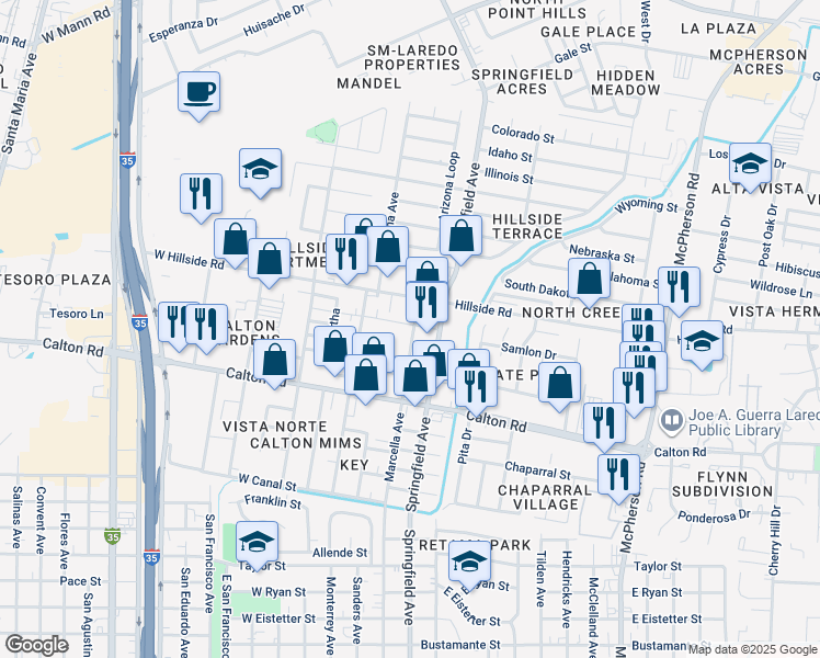 map of restaurants, bars, coffee shops, grocery stores, and more near 5410 Marcella Avenue in Laredo
