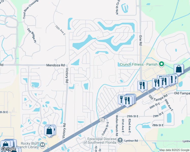 map of restaurants, bars, coffee shops, grocery stores, and more near 402 Sunset Circle North in Ellenton