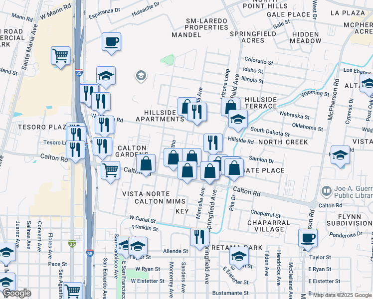map of restaurants, bars, coffee shops, grocery stores, and more near 5114 Haynes Avenue in Laredo