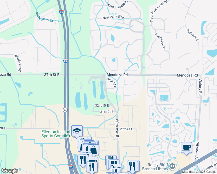 map of restaurants, bars, coffee shops, grocery stores, and more near 6006 35th Lane East in Ellenton