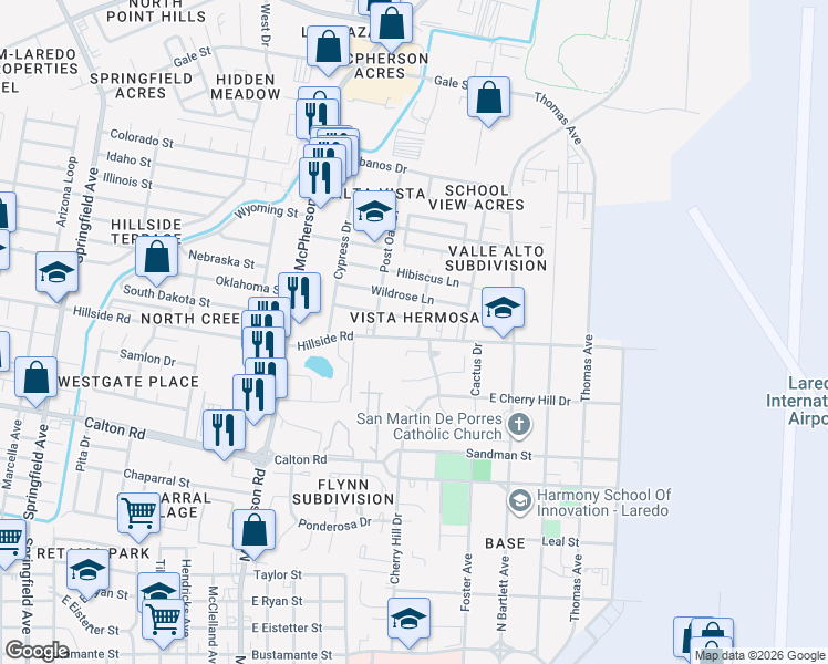 map of restaurants, bars, coffee shops, grocery stores, and more near 1503 Wildrose Lane in Laredo