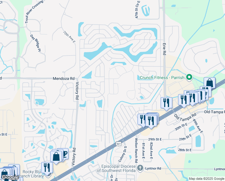 map of restaurants, bars, coffee shops, grocery stores, and more near 417 Sunset Circle North in Ellenton