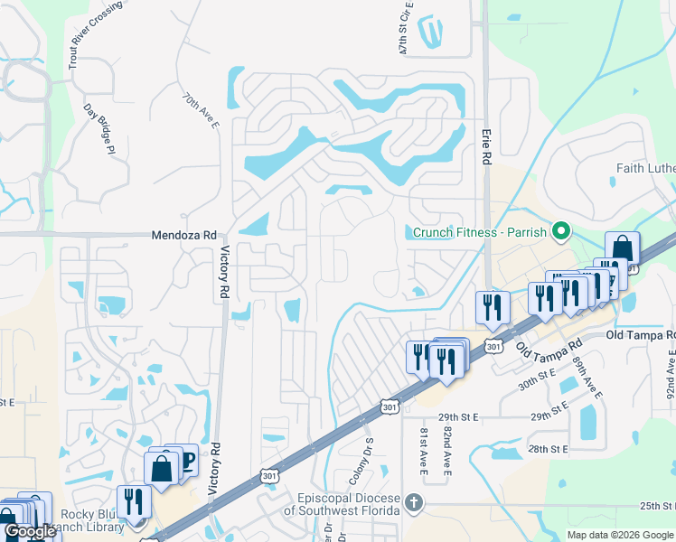 map of restaurants, bars, coffee shops, grocery stores, and more near 401-421 Sunset Circle North in Ellenton