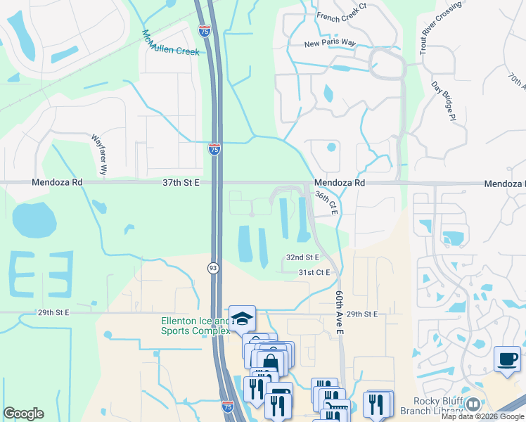map of restaurants, bars, coffee shops, grocery stores, and more near 3550 58th Place East in Ellenton