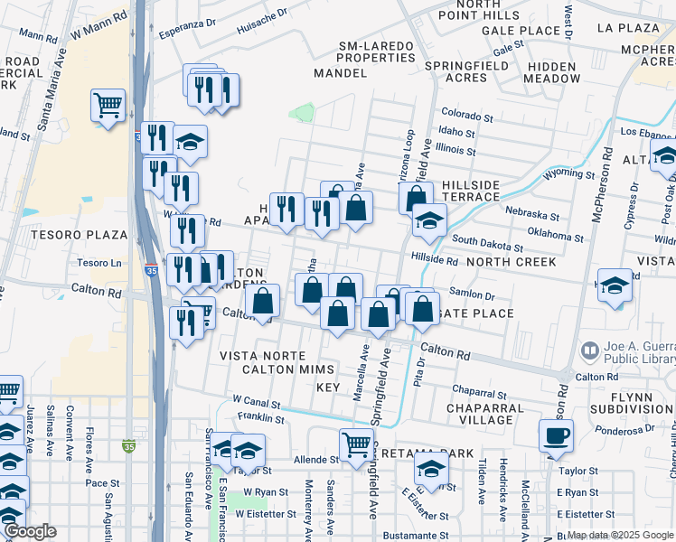map of restaurants, bars, coffee shops, grocery stores, and more near 114 W Aurora Dr in Laredo
