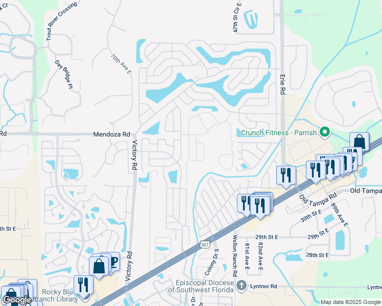 map of restaurants, bars, coffee shops, grocery stores, and more near 417 Sunset Circle North in Ellenton
