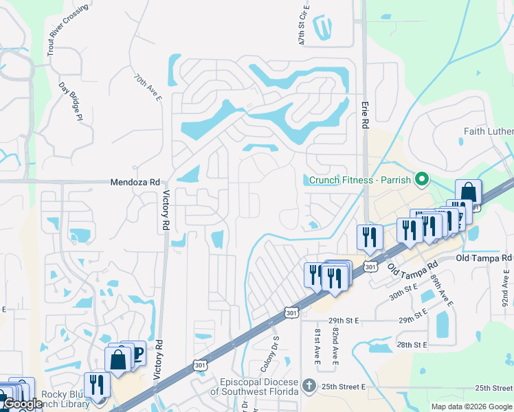 map of restaurants, bars, coffee shops, grocery stores, and more near 401-421 Sunset Circle North in Ellenton