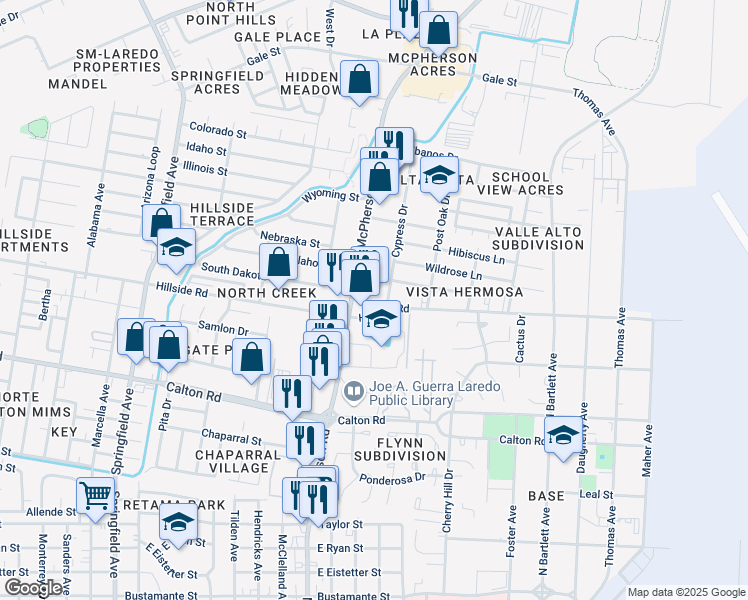 map of restaurants, bars, coffee shops, grocery stores, and more near 1204 Hillside Road in Laredo