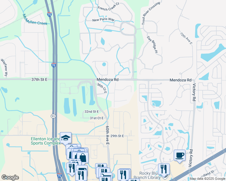 map of restaurants, bars, coffee shops, grocery stores, and more near 3605 61st Terrace East in Ellenton